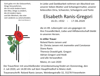 Traueranzeige von Elisabeth Ranis-Gregori von vrm-trauer