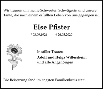 Traueranzeige von Else Pfister von vrm-trauer