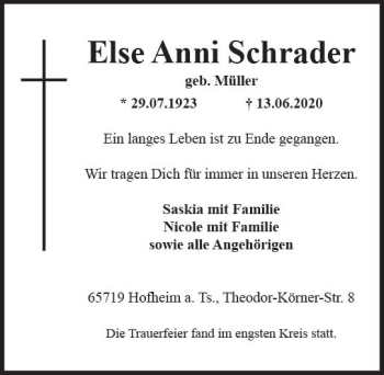 Traueranzeige von Else Anni Schrader von vrm-trauer