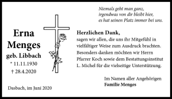 Traueranzeige von Erna Menges von vrm-trauer
