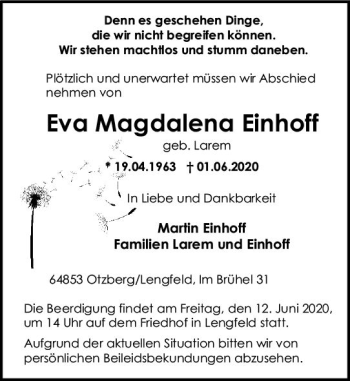 Traueranzeige von Eva Magdalena Einhoff von vrm-trauer