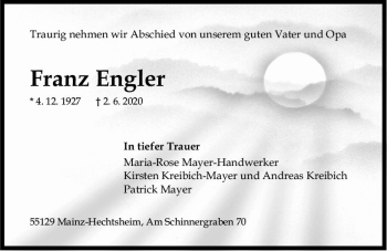 Traueranzeige von Franz Engler von vrm-trauer