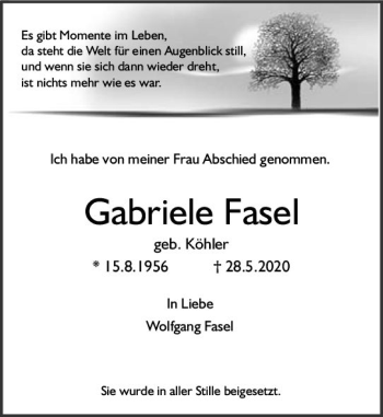 Traueranzeige von Gabriele Fasel von vrm-trauer