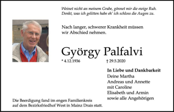 Traueranzeige von György Palfalvi von vrm-trauer