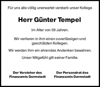 Traueranzeige von Günter Tempel von vrm-trauer