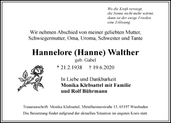 Traueranzeige von Hannelore Walther von vrm-trauer