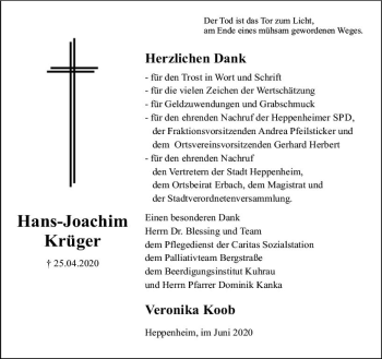 Traueranzeige von Hans-Joachim Krüger von vrm-trauer