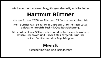 Traueranzeige von Hartmut Büttner von vrm-trauer