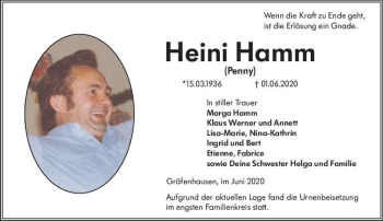 Traueranzeige von Heini Hamm von vrm-trauer