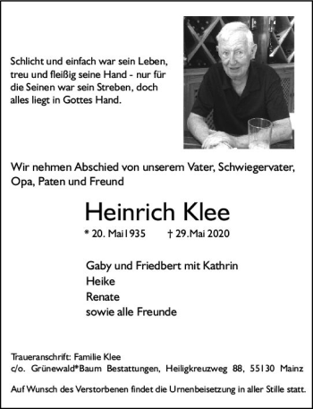 Traueranzeige von Heinrich Klee von vrm-trauer