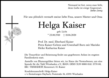 Traueranzeige von Helga Kaiser von vrm-trauer