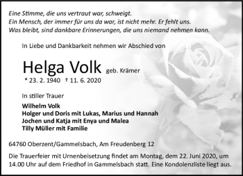 Traueranzeige von Helga Volk von vrm-trauer