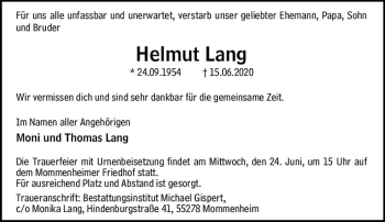 Traueranzeige von Helmut Lang von vrm-trauer