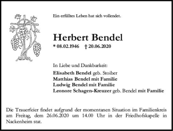 Traueranzeige von Herbert Bendel von vrm-trauer