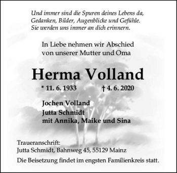 Traueranzeige von Herma Volland von vrm-trauer