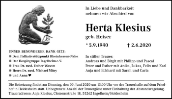 Traueranzeige von Herta Klesius von vrm-trauer