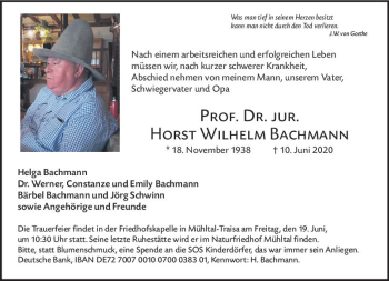 Traueranzeige von Horst Wilhelm Bachmann von vrm-trauer