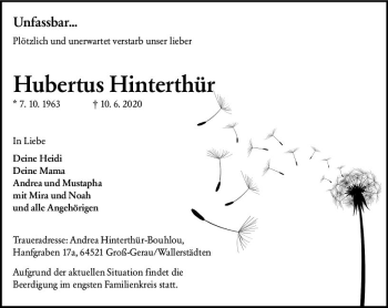 Traueranzeige von Hubemus Hinterthü von vrm-trauer
