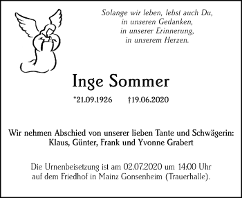 Traueranzeige von Inge Sommer von vrm-trauer