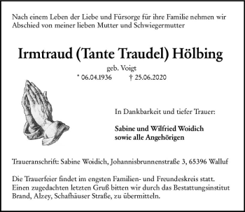 Traueranzeige von Irmtraud Hölbing von vrm-trauer