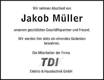 Traueranzeige von Jakob Müller von vrm-trauer