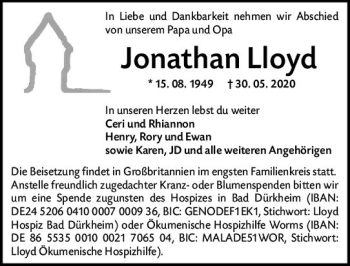 Traueranzeige von Jonathan Lloyd von vrm-trauer