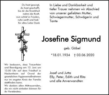 Traueranzeige von Josefine Sigmund von vrm-trauer