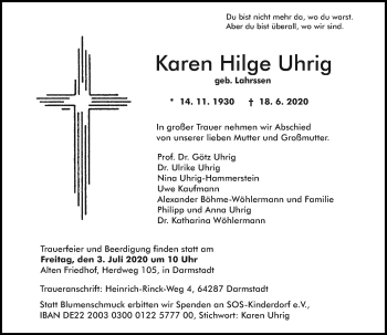 Traueranzeige von Karen Hilge Uhrig von vrm-trauer