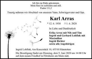Traueranzeige von Karl Arras von vrm-trauer