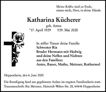 Traueranzeige von Katharina Kücherer von vrm-trauer