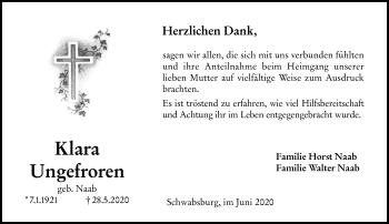 Traueranzeige von Klara Ungefroren von vrm-trauer
