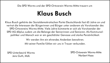 Traueranzeige von Klaus Busch von vrm-trauer