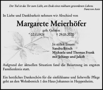 Traueranzeige von Margarete Meierhöfer von vrm-trauer