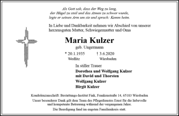 Traueranzeige von Maria Kulzer von vrm-trauer