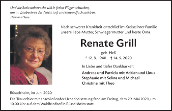Traueranzeige von Renate Grill von vrm-trauer