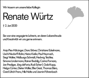 Traueranzeige von Renate Würtz von vrm-trauer