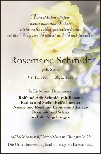 Traueranzeige von Rosemarie Schmidt von vrm-trauer