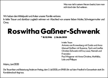 Traueranzeige von Roswitha Gaßner-Schwenk von vrm-trauer
