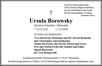 Traueranzeige von Ursula Borowsky von vrm-trauer