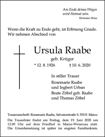 Traueranzeige von Ursula Raabe von vrm-trauer