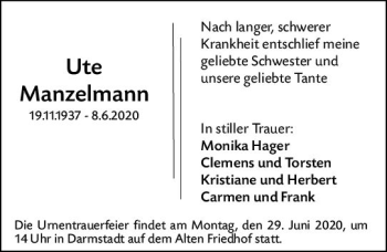 Traueranzeige von Ute Manzelmann von vrm-trauer