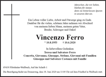 Traueranzeige von Vincenzo Ferro von vrm-trauer