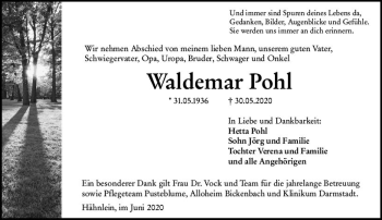 Traueranzeige von Waldemar Pohl von vrm-trauer