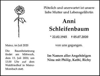 Traueranzeige von Anni Schleifenbaum von vrm-trauer