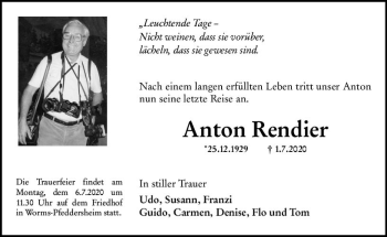 Traueranzeige von Anton Rendier von vrm-trauer