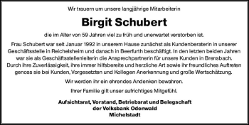 Traueranzeige von Birgit Schubert von vrm-trauer