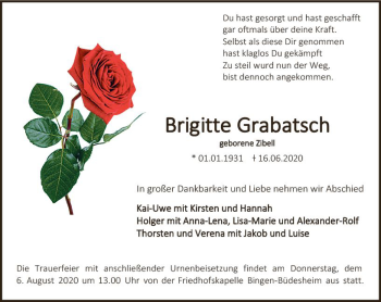 Traueranzeige von Brigitte Grabatsch von vrm-trauer