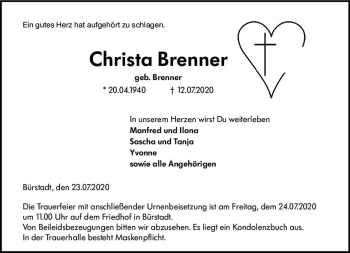 Traueranzeige von Christa Brenner von vrm-trauer