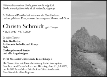 Traueranzeige von Christa Schmidt von vrm-trauer