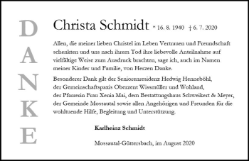 Traueranzeige von Christa Schmidt von vrm-trauer